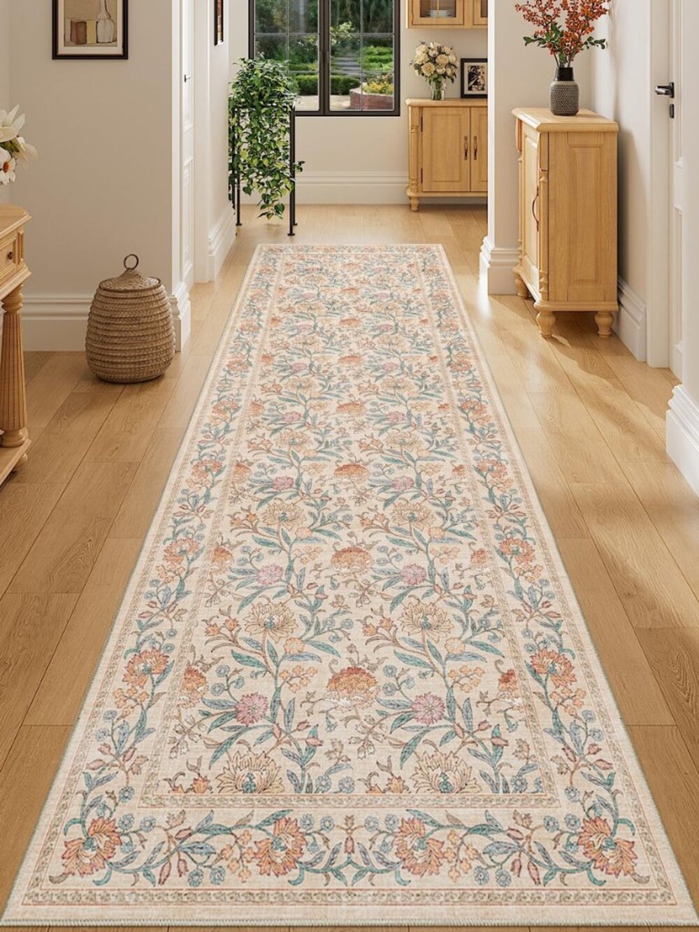 2.6x8 Runner Rug, Washable Vintage Floral Kitchen Runners Rug, Beige